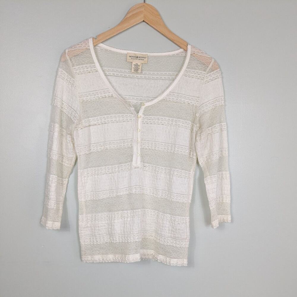 Ralph Lauren Henley Top Cream M Y2K Sheer Lace Sleeve Y2K Fairy Bella Elena